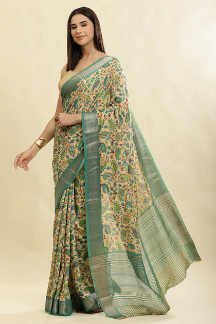 Sea Green & Beige Cotton Silk Floral Boota Printed Saree