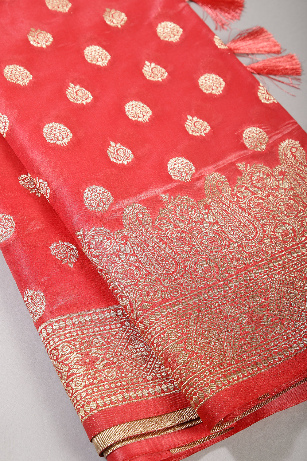 Carmine Pink Color Tissue Silk Woven Saree