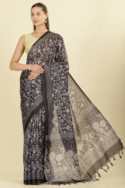 Black Kota Cotton Floral Jaal Printed Saree