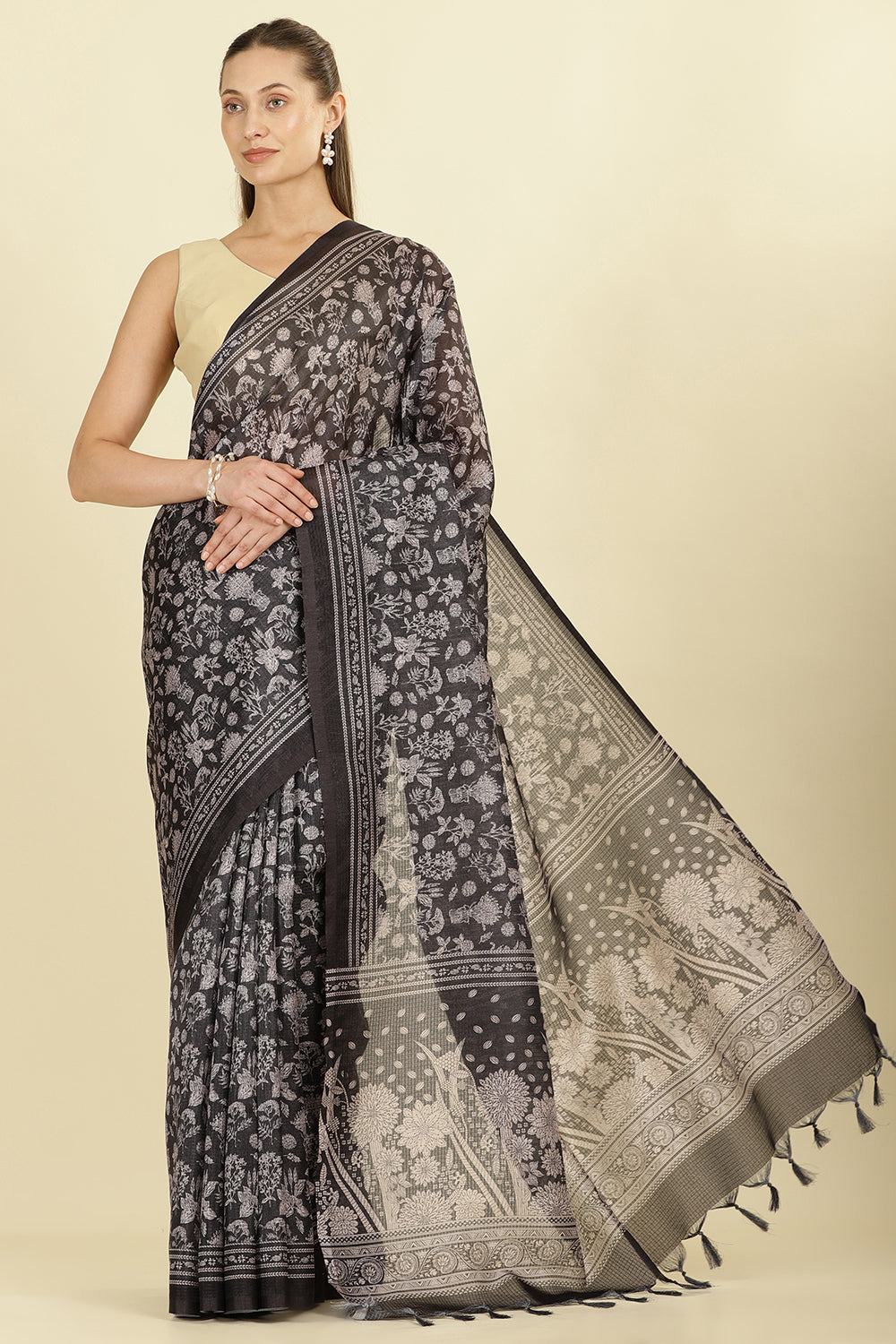 Black Kota Cotton Floral Jaal Printed Saree