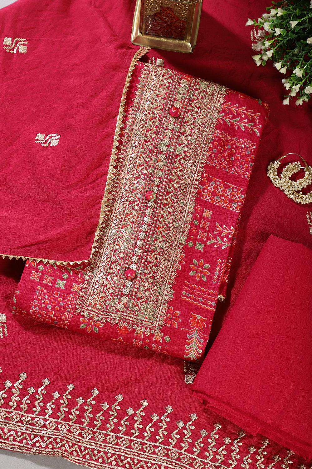 Cardinal Red Digital Printed & Neck Embroidered Cotton Unstitched Suit