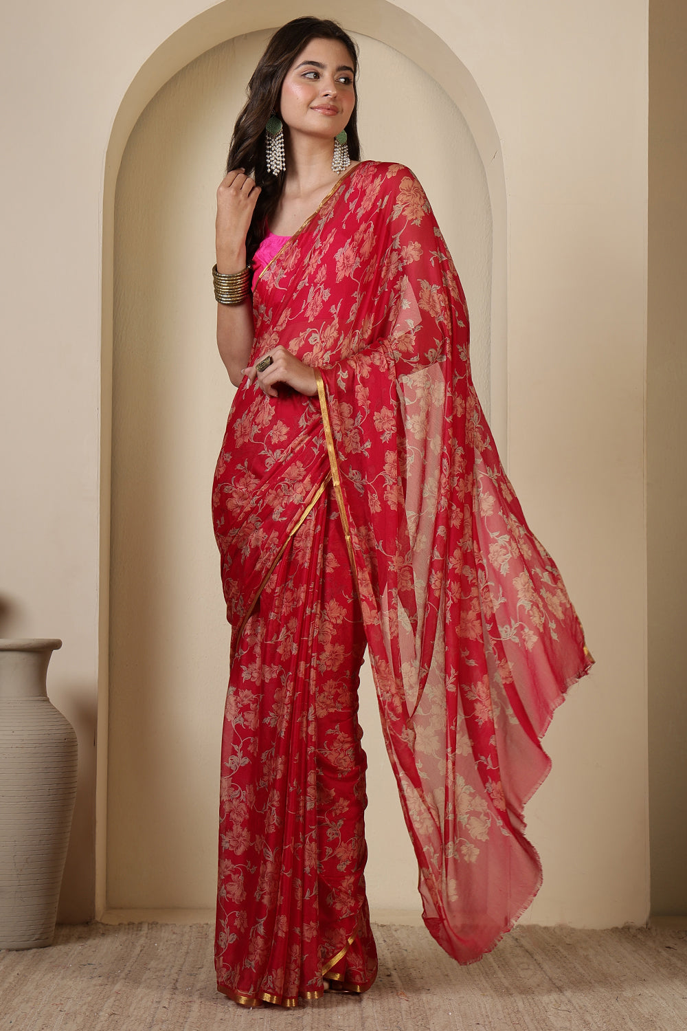Rani Chiffon Floral Zari Border & Floral Printed Saree