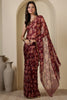 Dark Scarlet Chiffon Floral Zari Border & Floral Printed Saree