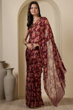 Dark Scarlet Chiffon Floral Zari Border & Floral Printed Saree