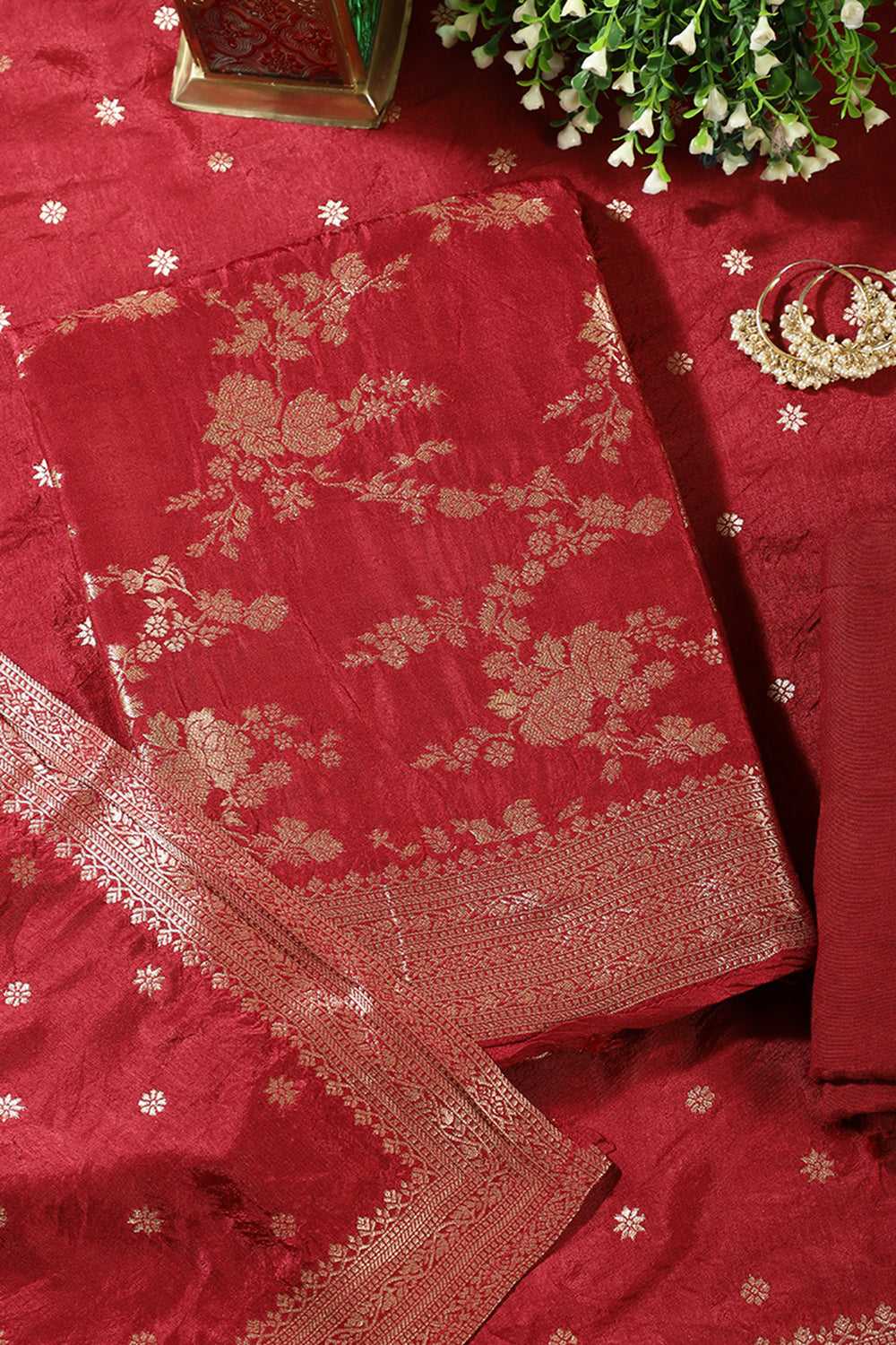 Maroon Banarsi Floral Woven Silk Unstitched Suit Fabric