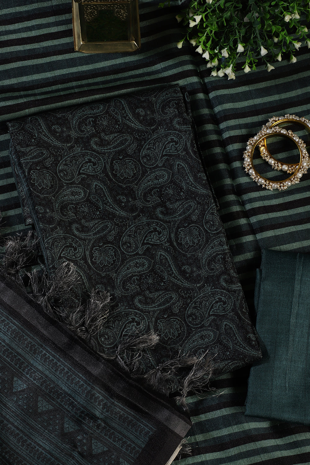 Green & Black Digital Printed Chanderi Cotton Unstiched Suit Material