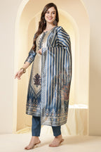 Blue Color Chanderi Silk Printed Straight Suit