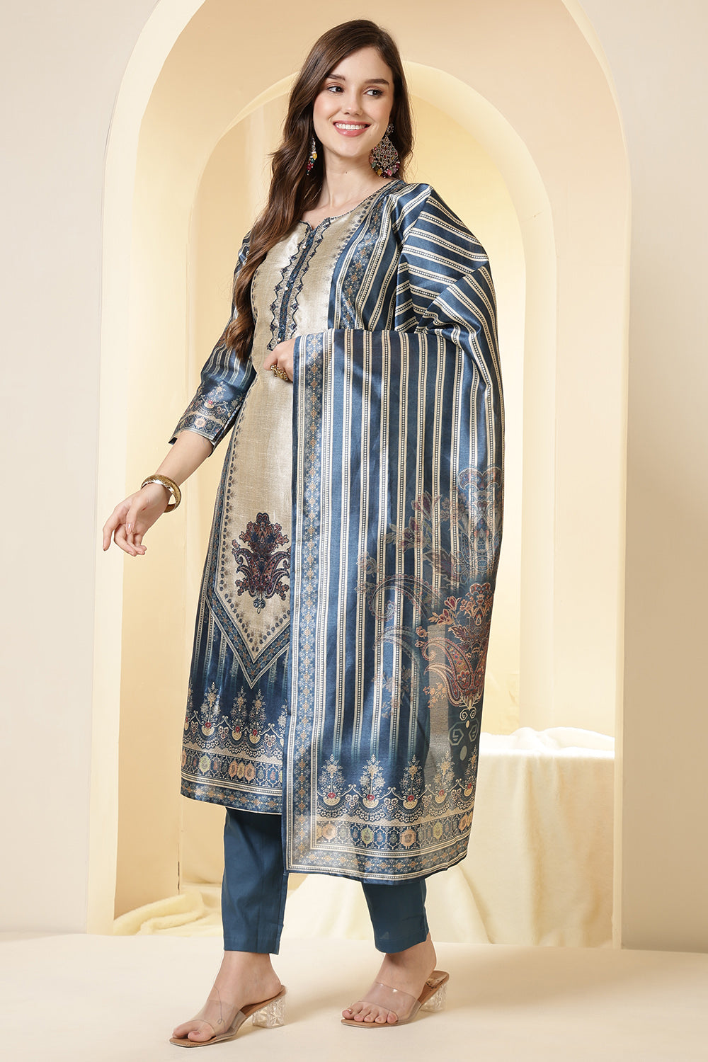 Blue Color Chanderi Silk Printed Straight Suit