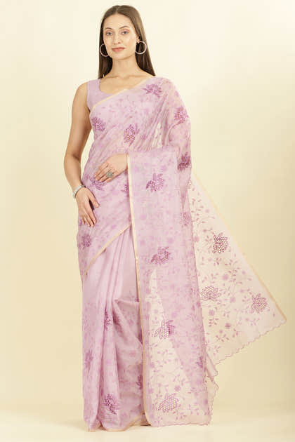 Lavender Floral Resham Embroidered Cotton Saree