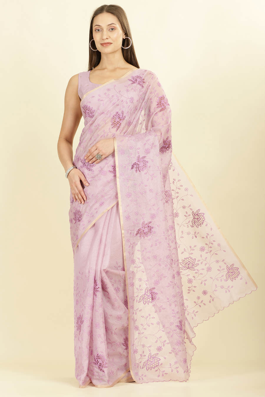 Lavender Floral Resham Embroidered Cotton Saree