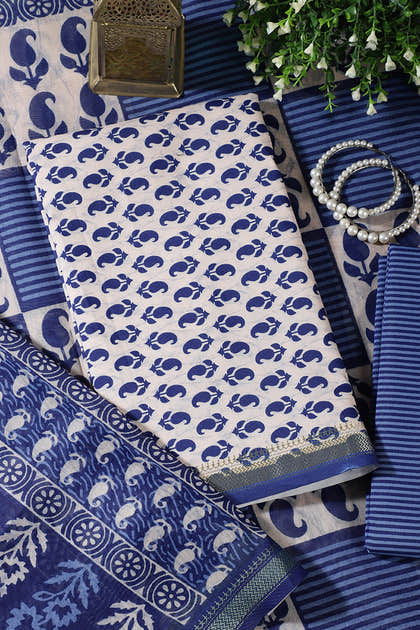 Cream & Navy Cotton Dabu Block Print Unstitched Suit Material