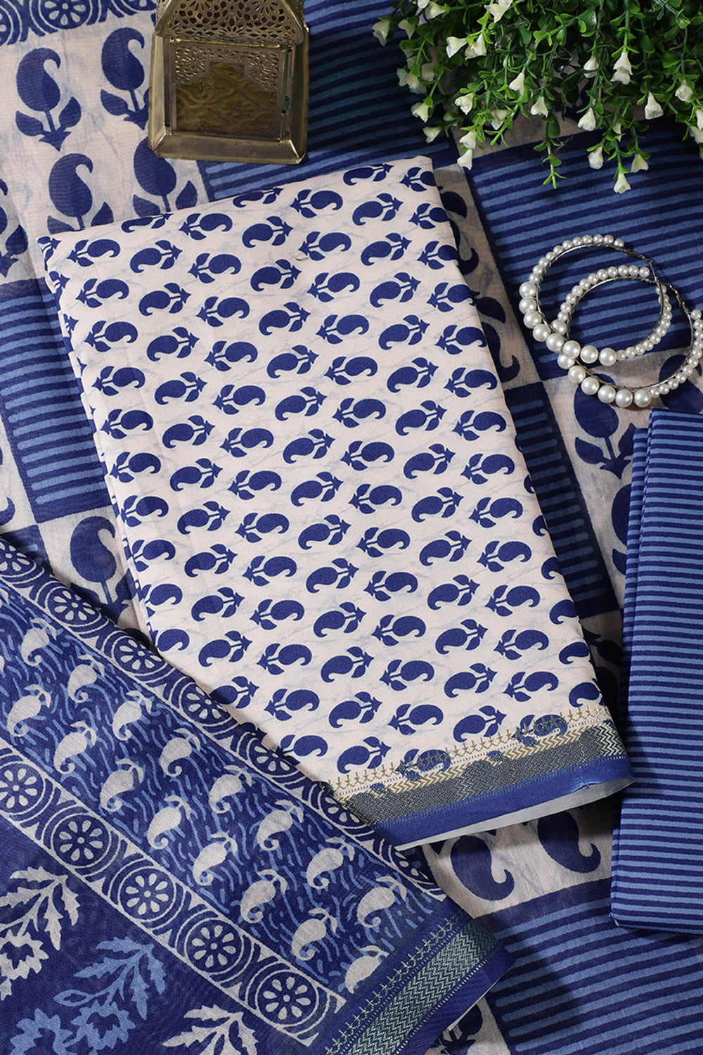 Cream & Navy Cotton Dabu Block Print Unstitched Suit Material