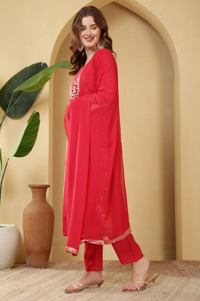 Magenta Pink Cotton Silk Printed & Neck Embroidered Suit