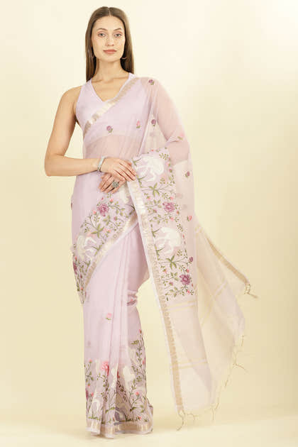 Mauve Kota Cotton Floral Resham Embroidered And Zari Woven Saree