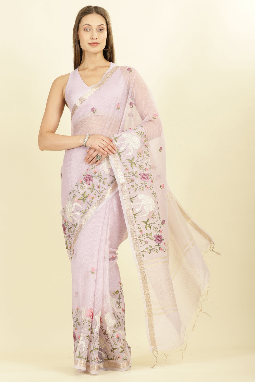 Mauve Kota Cotton Floral Resham Embroidered And Zari Woven Saree