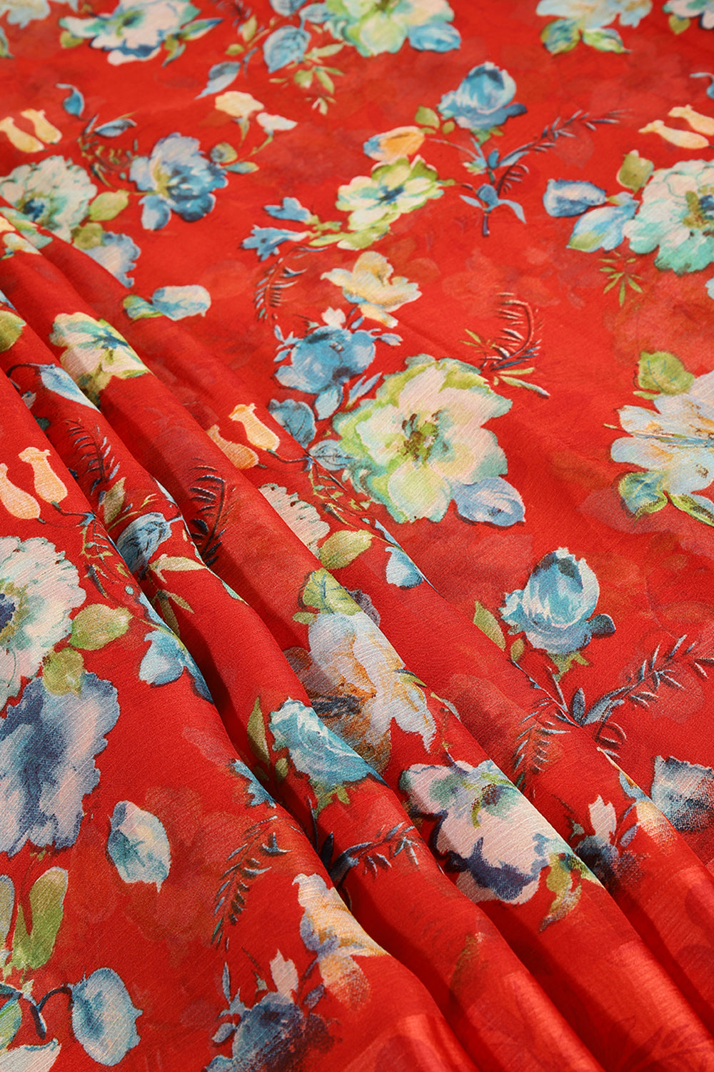 Red Color Floral Printed Chiffon Saree