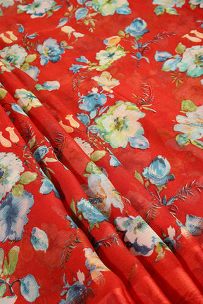 Red Color Floral Printed Chiffon Saree