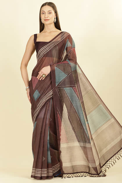 Brown Organza Cotton Printed Saree