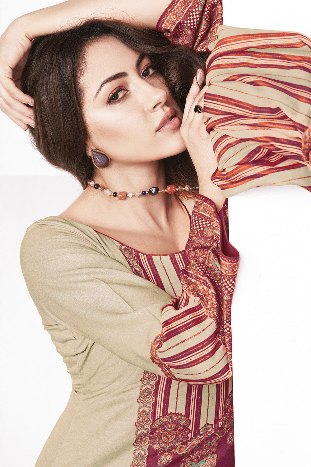 Wine & Beige Kashmiri Paisley Printed Unstitched Suits Material