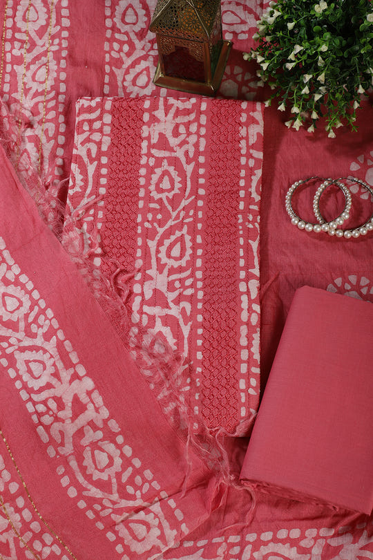 Pink Cotton Printed And Resham Embroidered Unstitched Suit Material