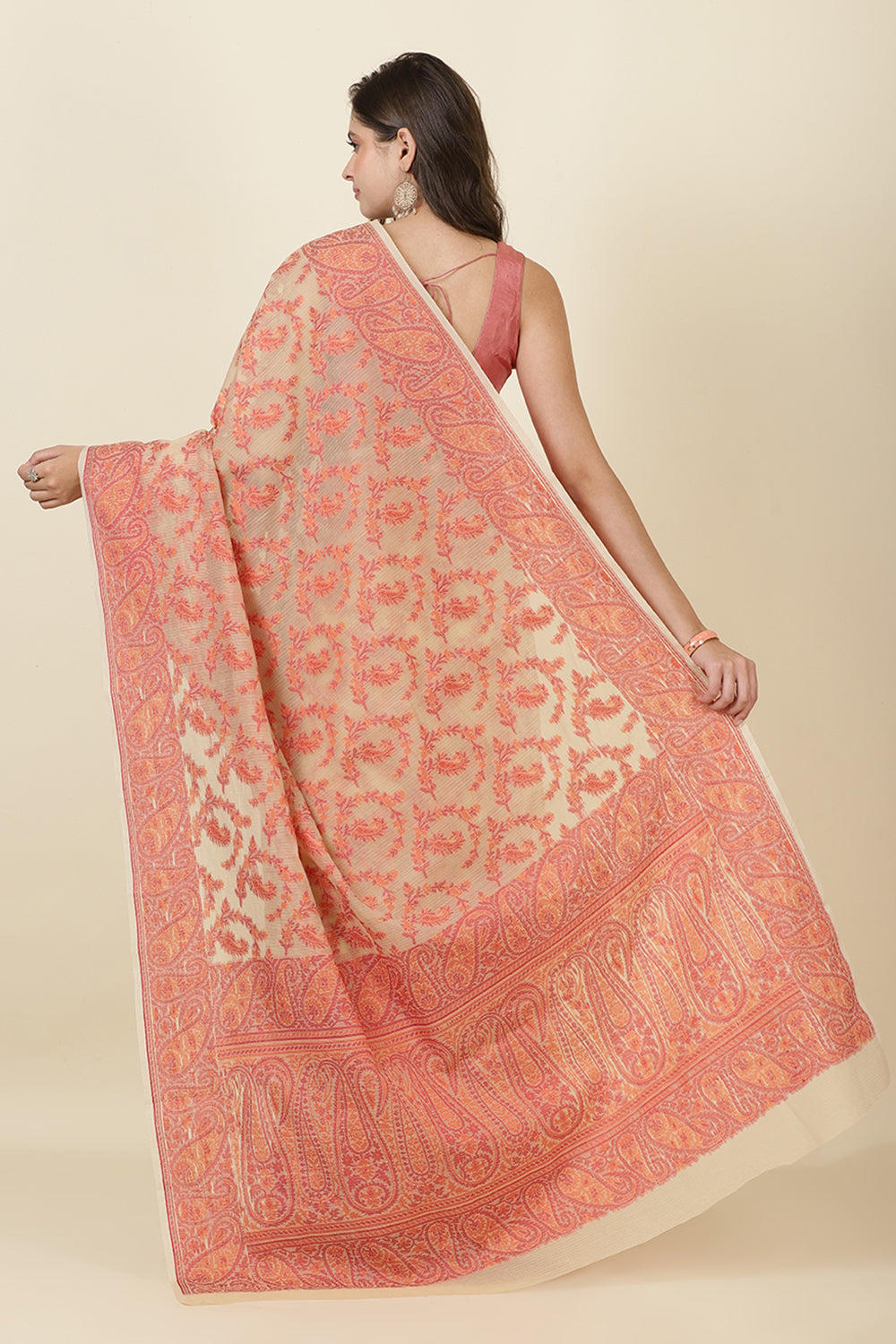 Beige Cotton Resham Woven Saree