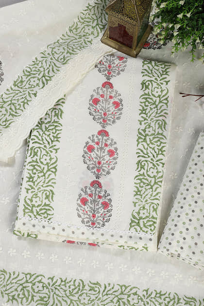 Cream & Green Printed And Resham Embroidered Unstitched Suit Fabric