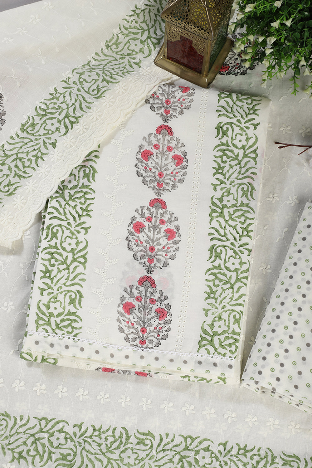 Cream & Green Printed And Resham Embroidered Unstitched Suit Fabric