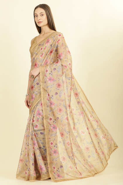 Light Mustard Organza Floral Printed And Lace Work Saree