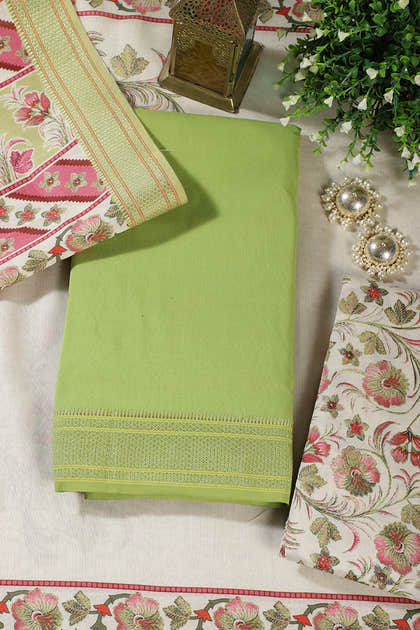 Green Cotton Unstitched Suit Material With Floral Printed Dupatta & Salwar Set