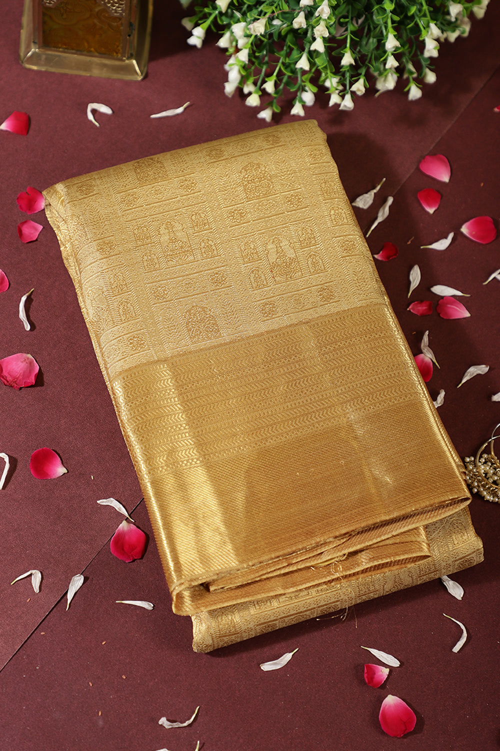 Tussar Color Kanjivaram Pure Silk Handloom Zari Saree with Temple Motifs