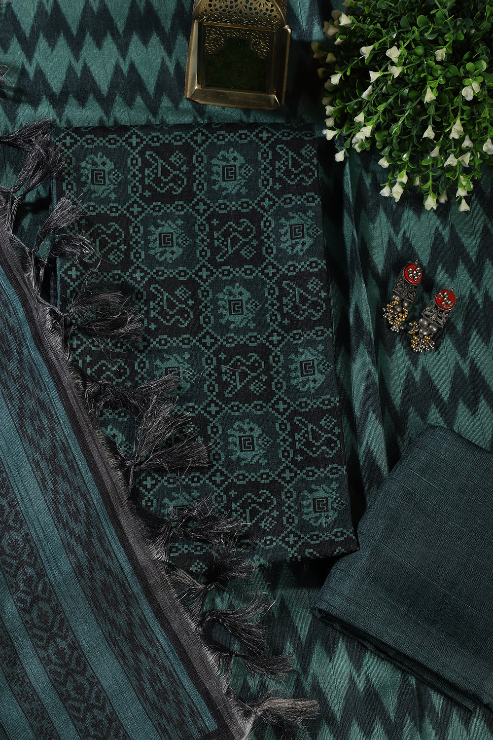 Mint Green & Black Chanderi Cotton Digital Printed Unstiched Suit Material