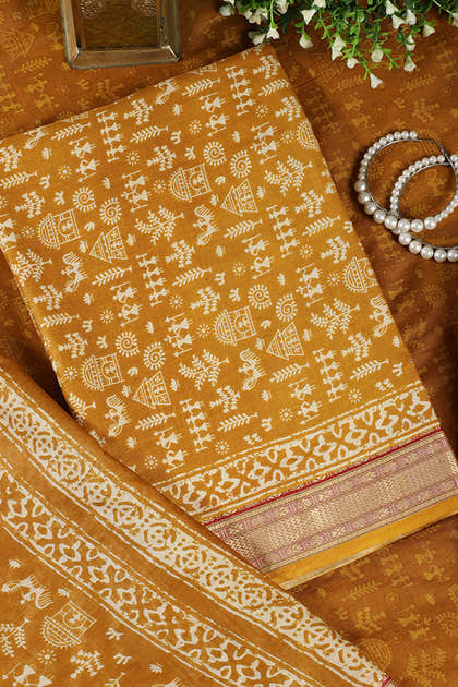 Mustard Warli Print Cotton Unstitched Suit Material