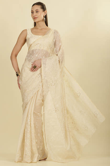 Cream Floral Resham Embroidered Cotton Saree