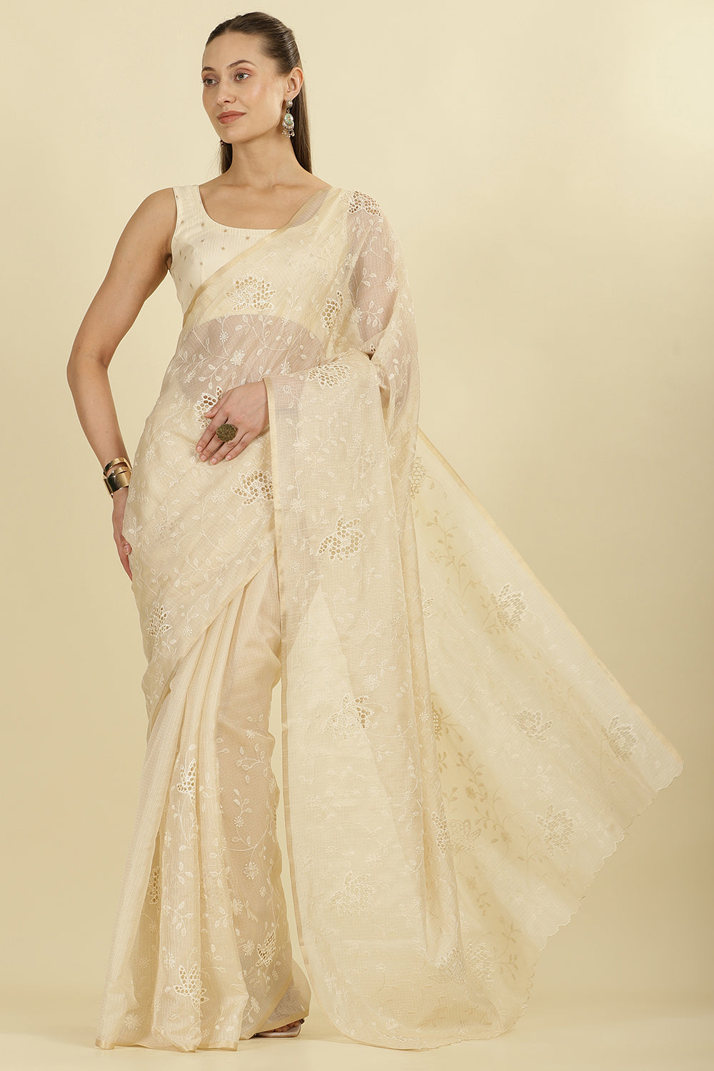 Cream Floral Resham Embroidered Cotton Saree