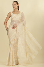 Cream Floral Resham Embroidered Cotton Saree