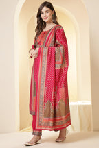 Fushia Pink Color Printed Silk Embroidered Suit Set