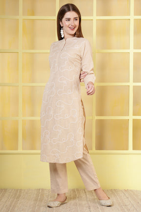 Beige Cotton Resham Embroidered Kurta Set