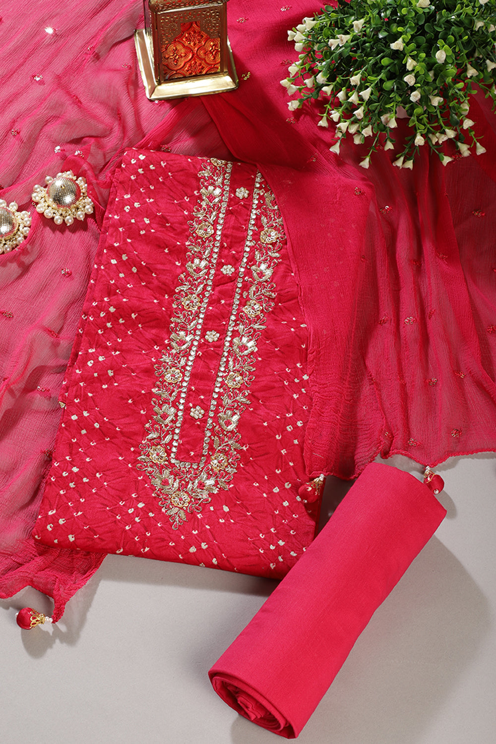 Cardinal Cotton Neck Zardozi Embroidered & Shibori Printed Unstitched Suit Fabric