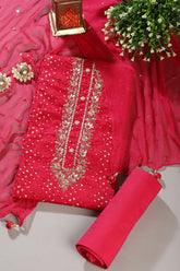 Cardinal Cotton Neck Zardozi Embroidered & Shibori Printed Unstitched Suit Fabric
