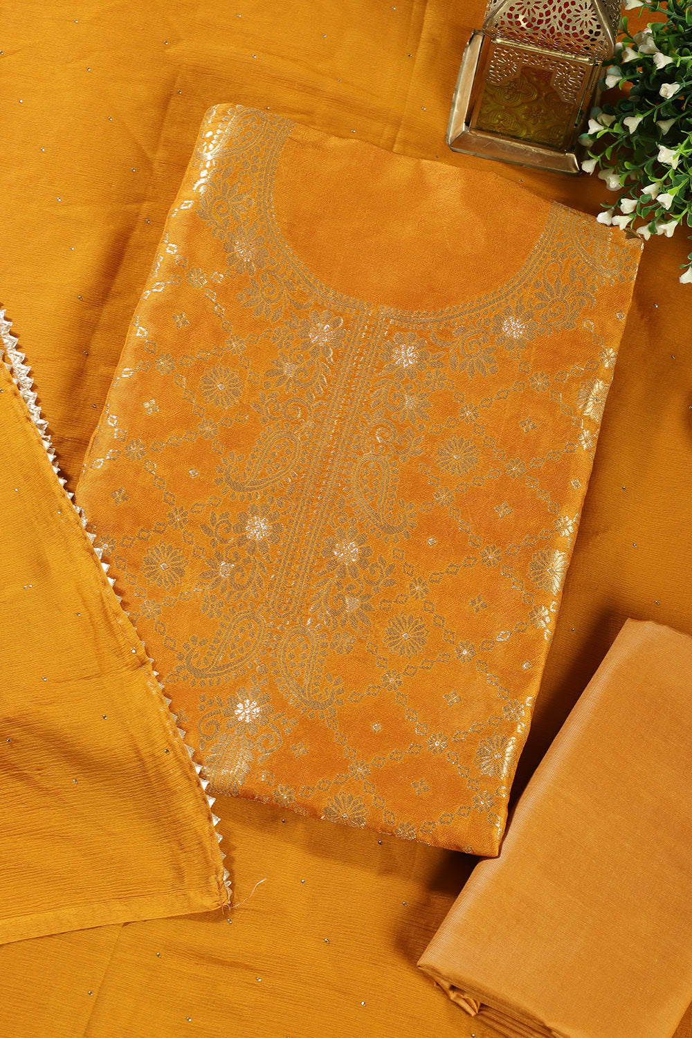 Mustard Silk Banarsi Zari Woven Unstitched Suit Fabric