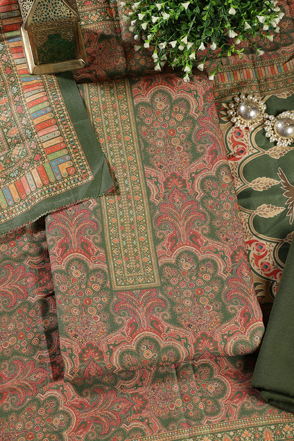 Green Colour Pashmina Digital Printed Unstitched Suit Fabric