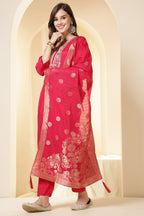 Coral Pink Color Silk Suit Set With Neck Embroidered