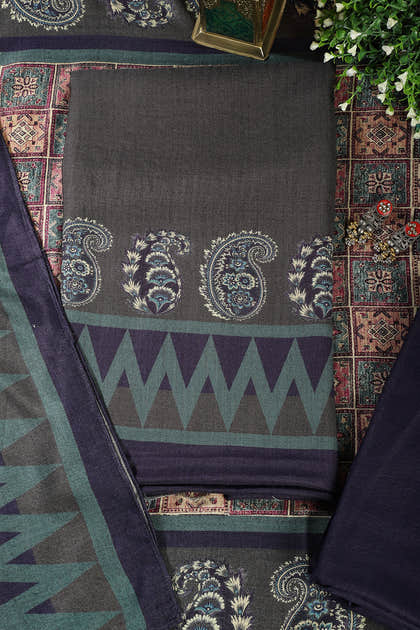 Greenish Grey Spun Printed Unstitched Suit