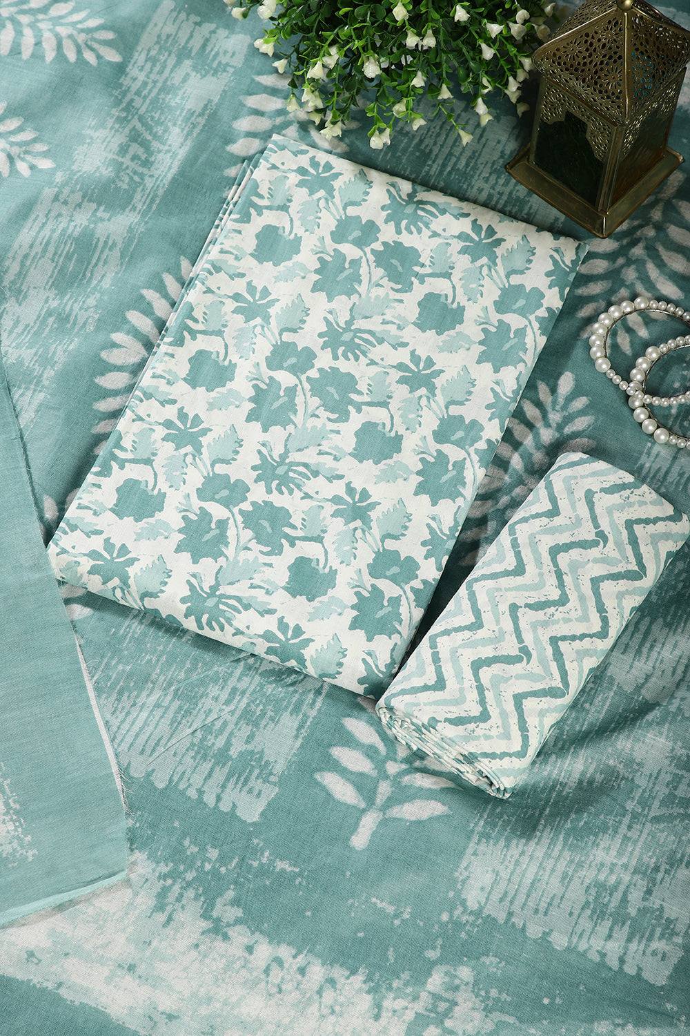 Rama Green Color Cotton Printed Unstitched Suit