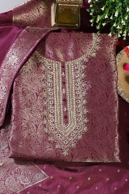 Wine Silk Zari Woven And Embroidered Unstitched Suit Material