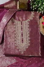 Wine Silk Zari Woven And Embroidered Unstitched Suit Material