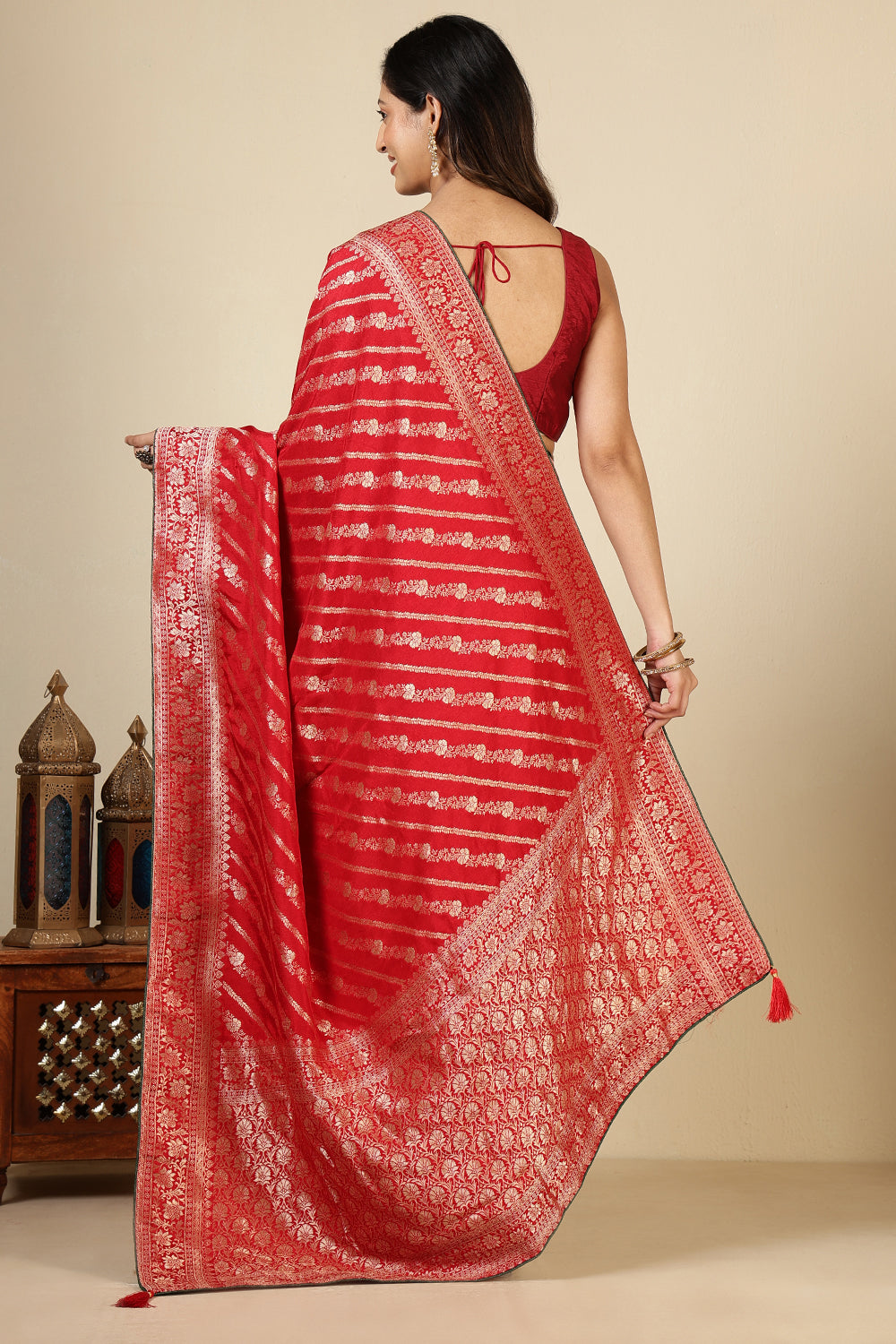 Red Color Banarasi Woven Tussar Silk Saree