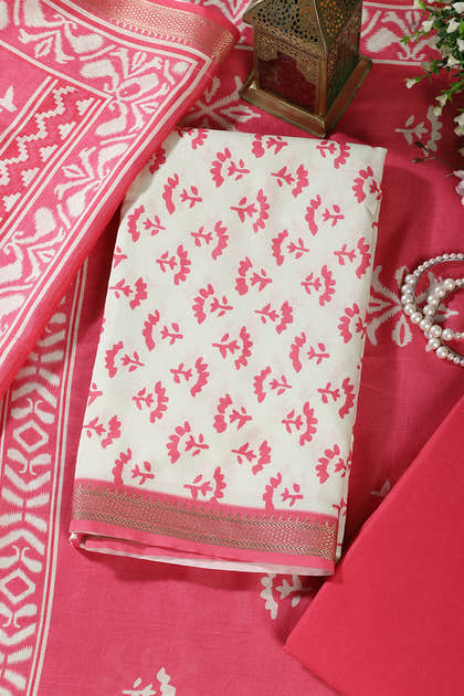 Dark Pink Floral Block Print Cotton Unstitched Suit Fabric