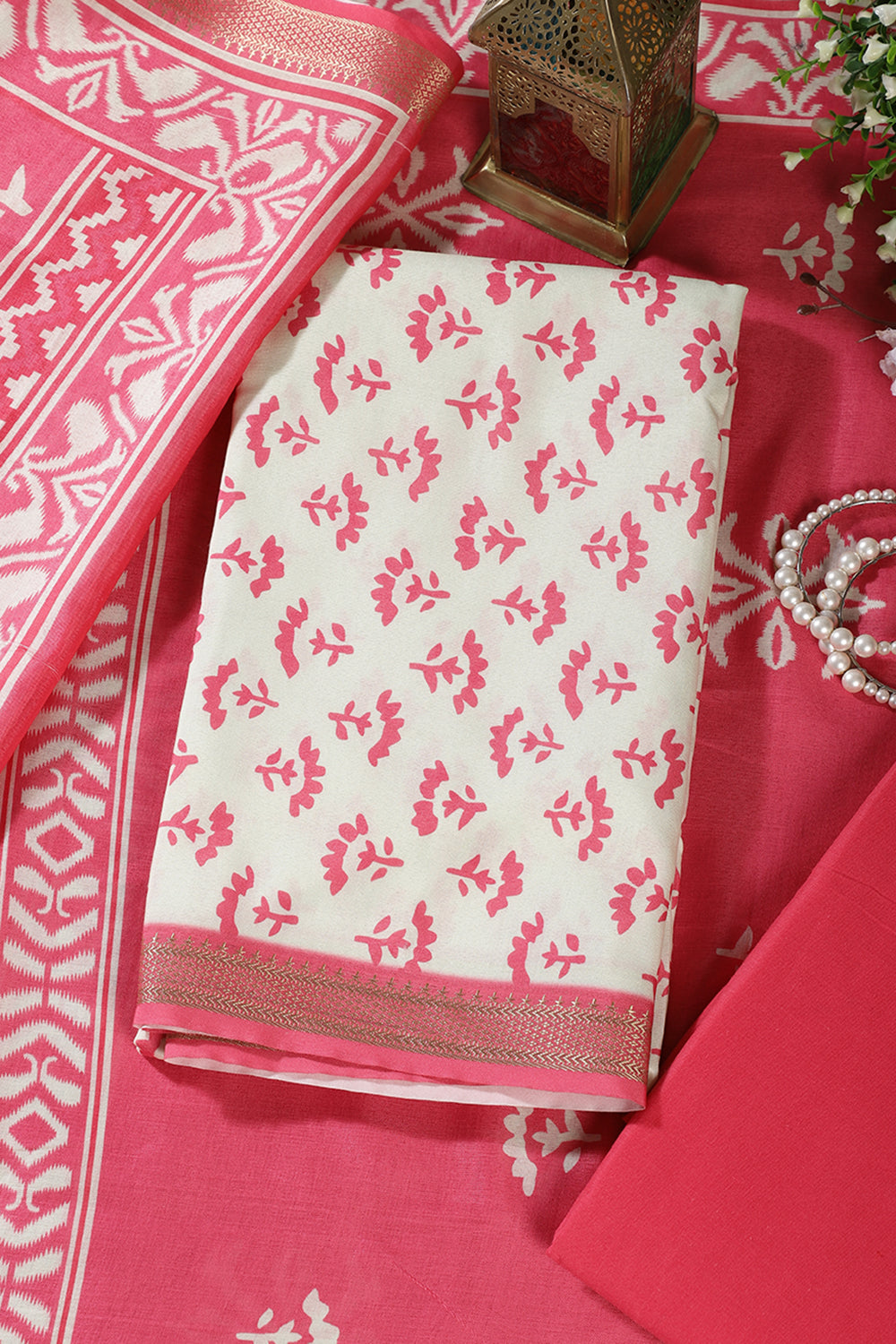 Dark Pink Floral Block Print Cotton Unstitched Suit Fabric