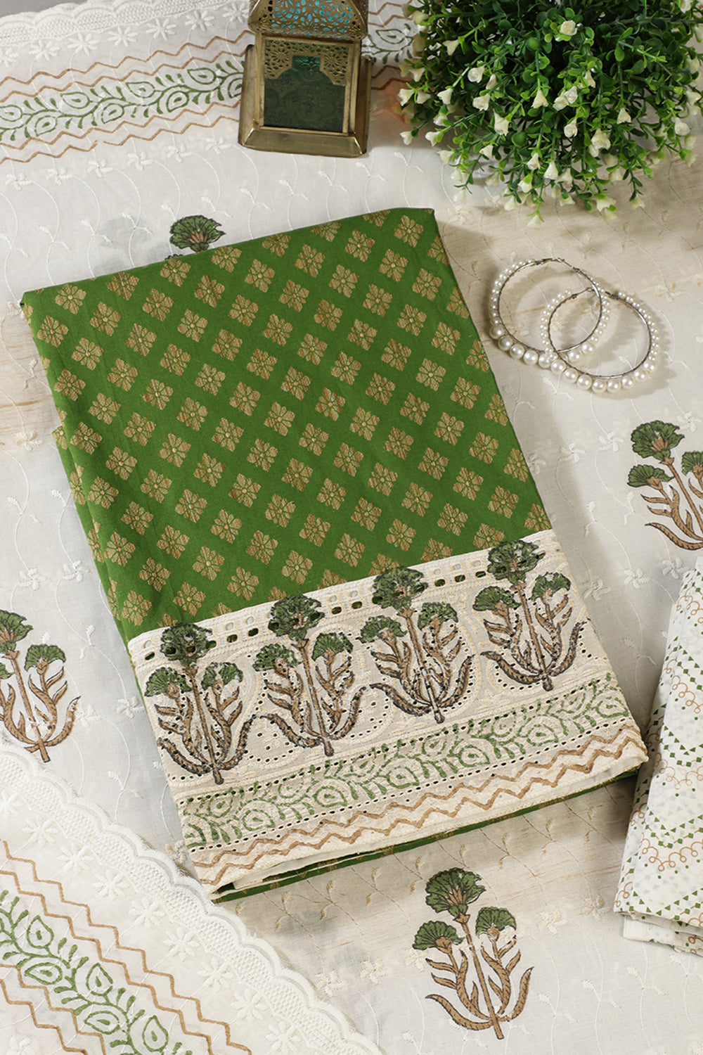 Green Cotton Woven And Lace Work Unstitched Suit Material